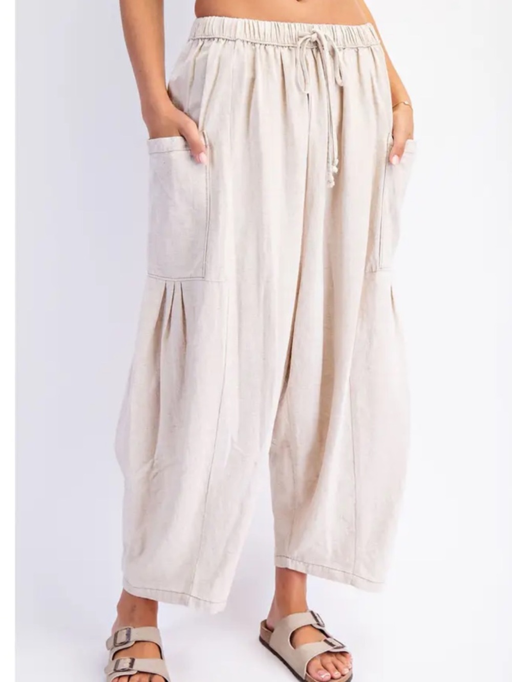 TARSE Womens  Harem Cream Linen Blend Wide Barrel Leg Ankle Pants